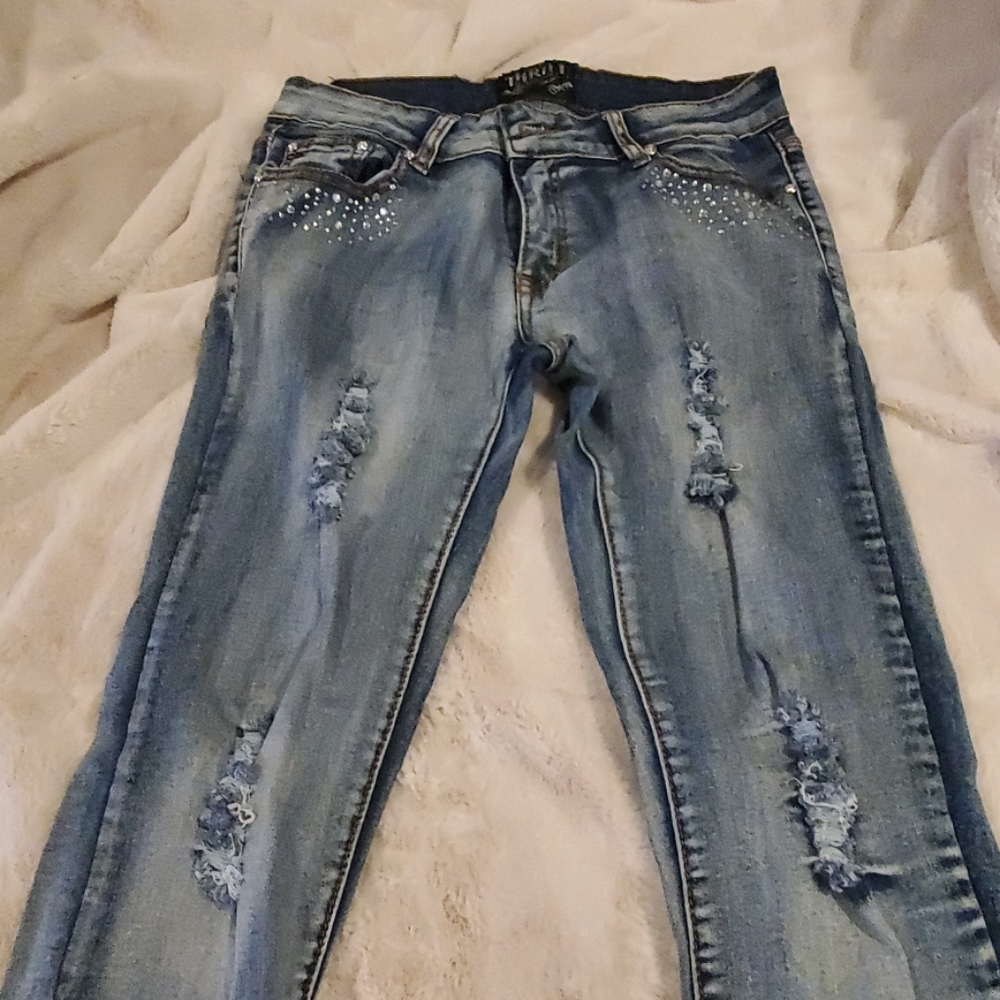 Thrill distressed denim jeans With rhinestone embellishments Juniors 9